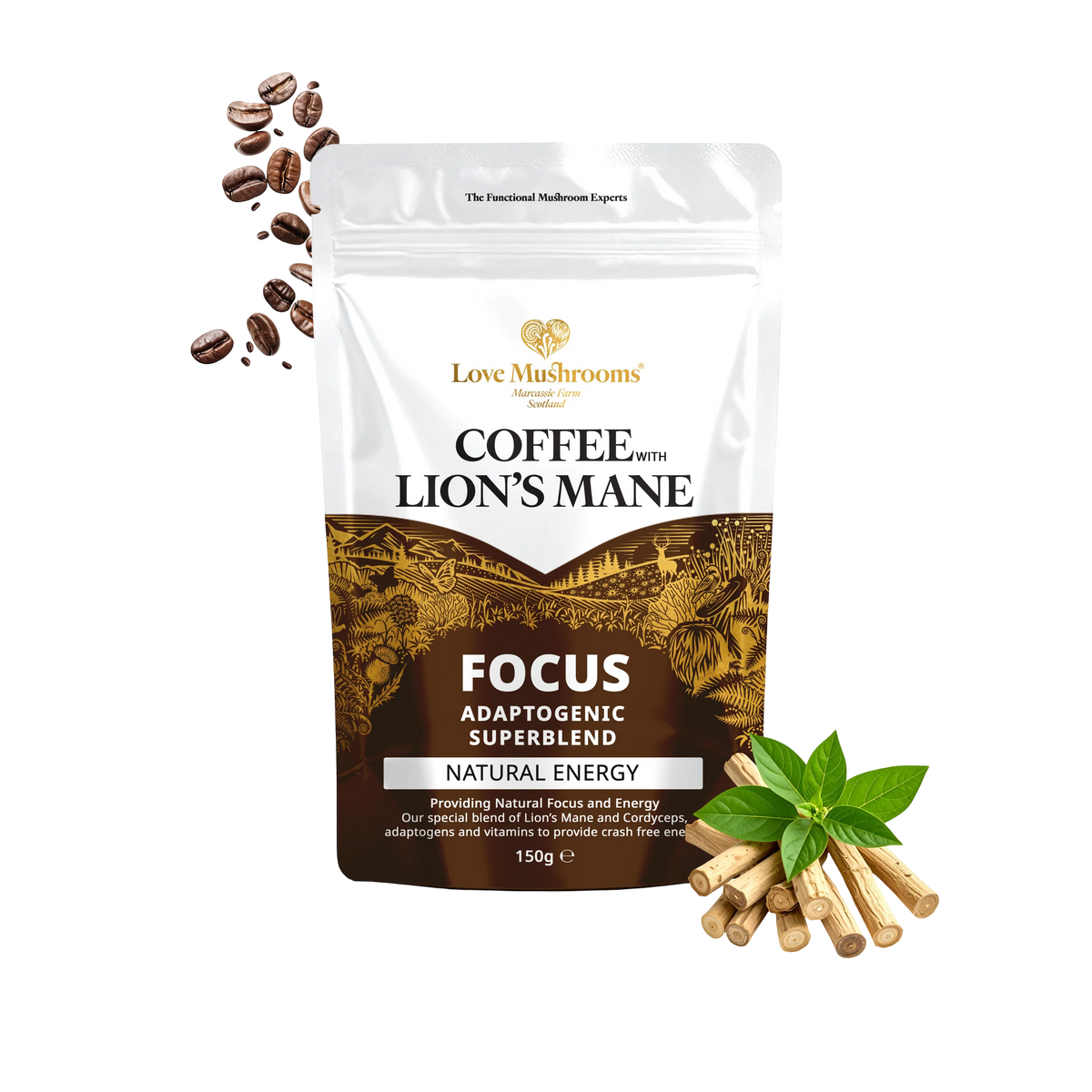 Love Mushrooms Focus coffee pouch with lion’s mane, cordyceps, coffee beans and botanicals