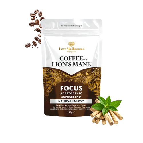 Love Mushrooms Focus coffee pouch with lion’s mane, cordyceps, coffee beans and botanicals