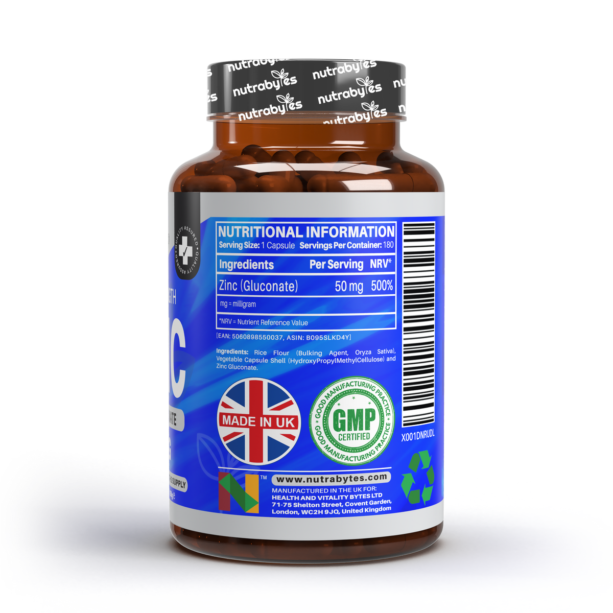 Right side of NUTRABYTES Zinc Gluconate 50mg product label