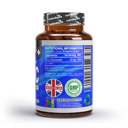 Right side of NUTRABYTES Zinc Gluconate 50mg product label
