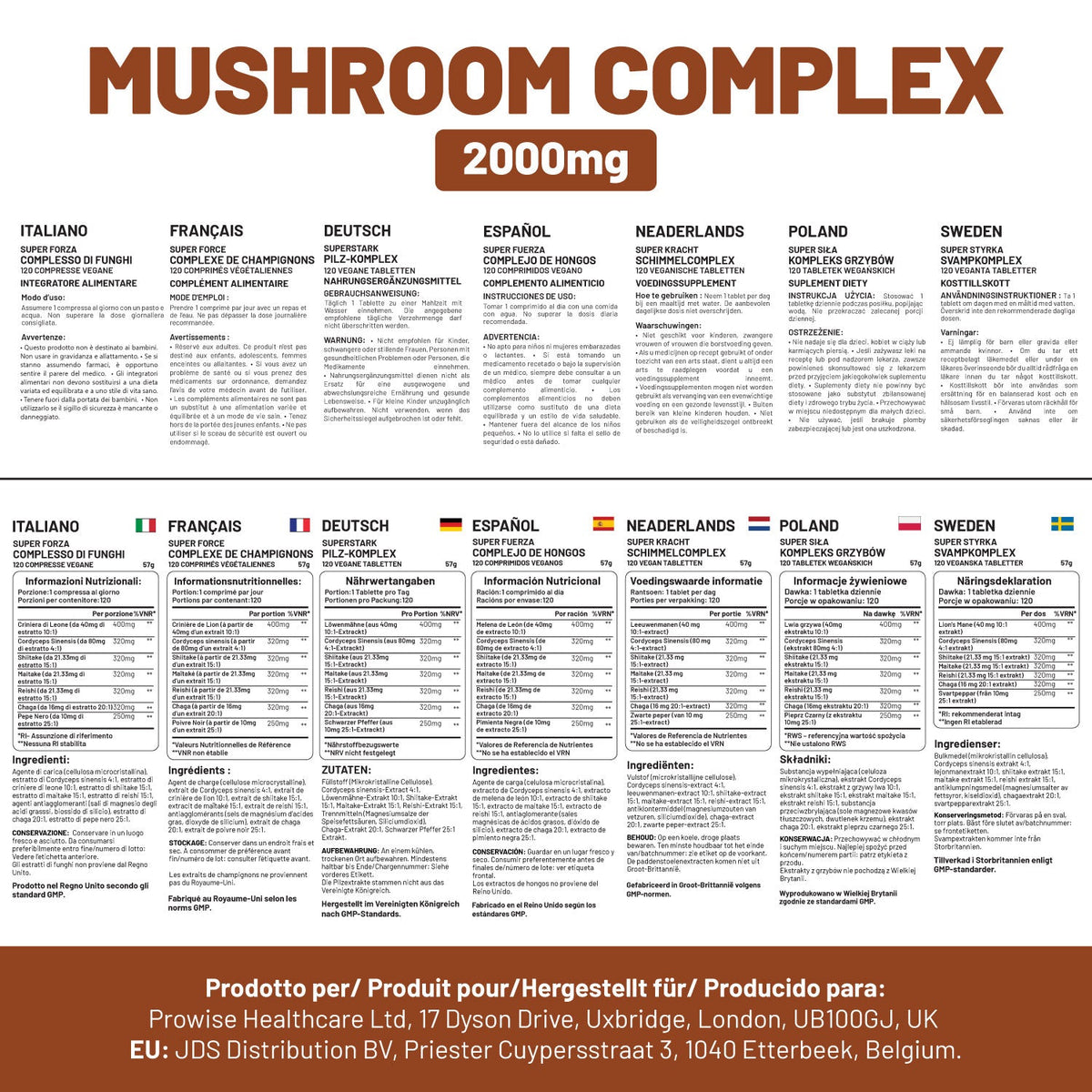 Prowise Advanced Mushroom Complex – 120 Tablets – multilingual ingredient and serving panels