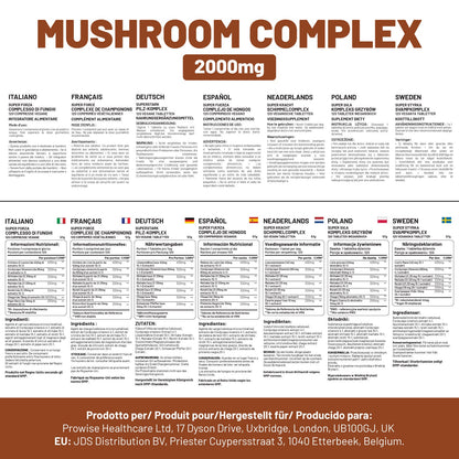 Prowise Advanced Mushroom Complex – 120 Tablets – multilingual ingredient and serving panels