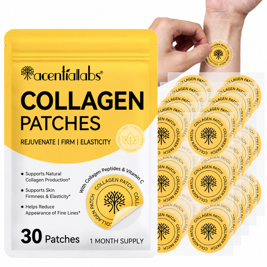 acentiallabs Collagen Patches with Vitamin C – 30 Patches pouch and matching patch sheets on a white background
