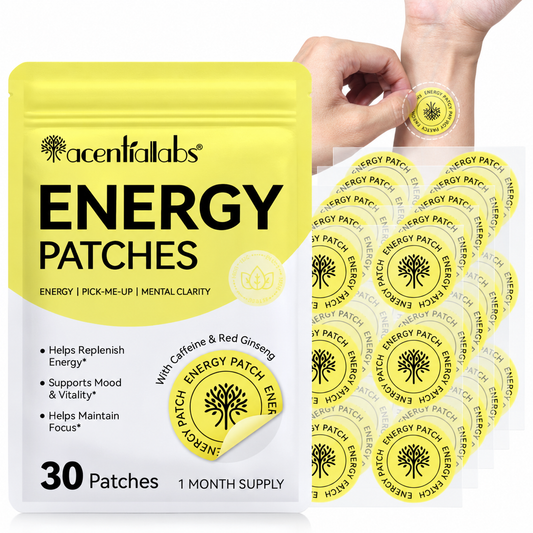 acentiallabs Energy Patches with Caffeine & Red Ginseng – 30 Patches pouch and matching patch sheets on a white background