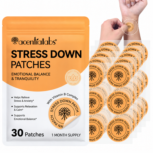 acentiallabs Stress Down Patches – 30 Patches pouch and matching patch sheets on a white background