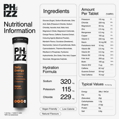Phizz Daily Energy Caffeine Orange – 20 Tablets – ingredients and nutritional panel