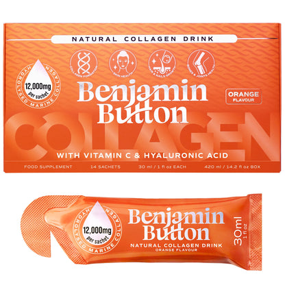 Benjamin Button Marine Collagen Drink 12,000mg – box and orange sachet