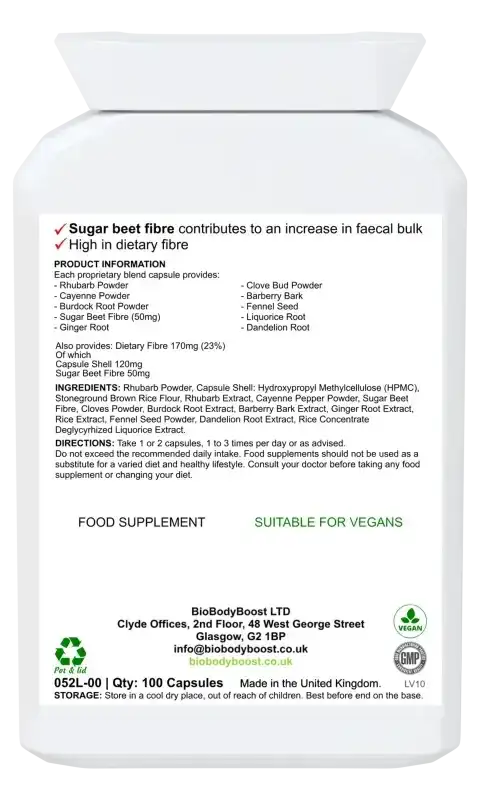 BioBodyBoost Beet It Colonix Botanical & Fibre Blend – 100 Capsules – ingredients and directions label