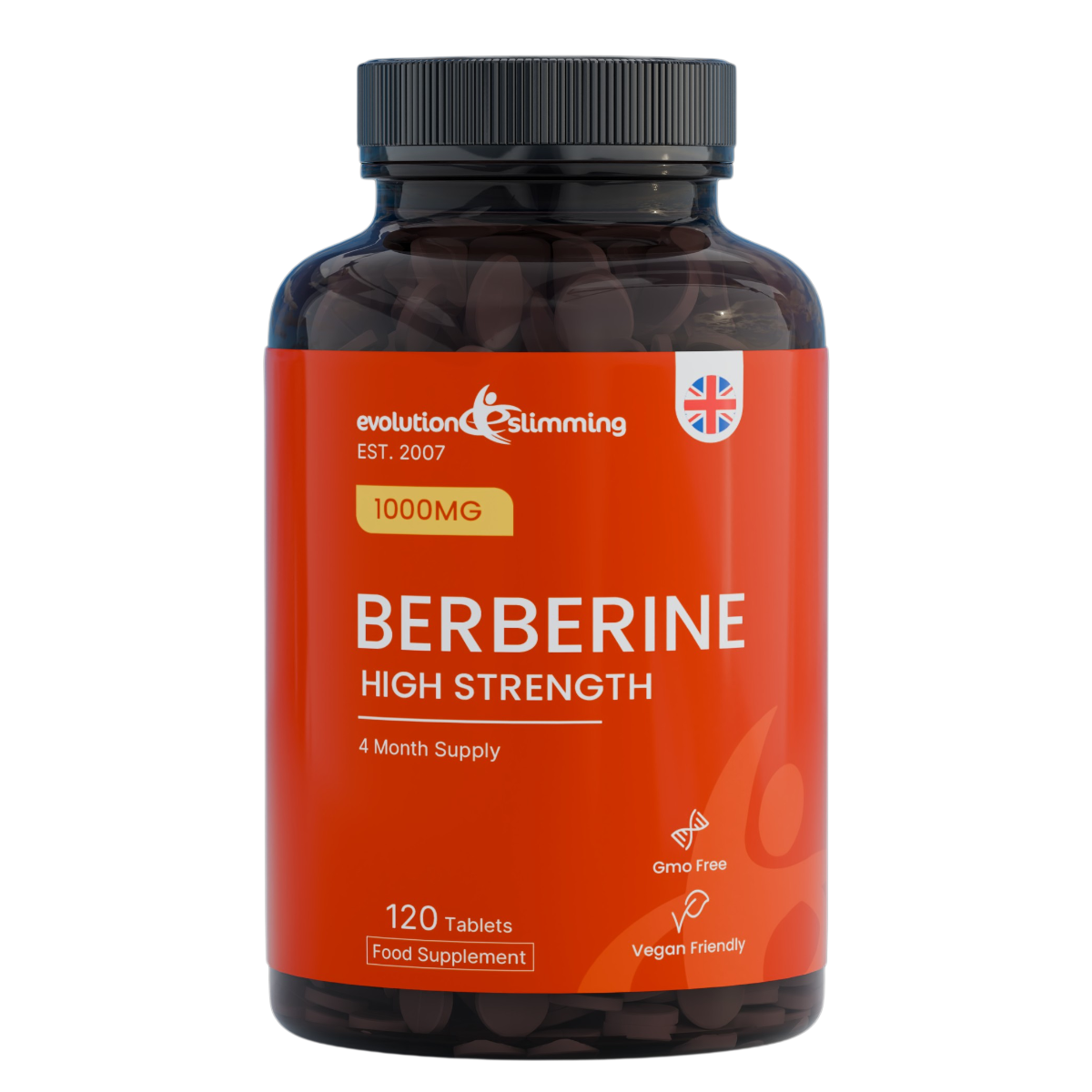 Bottle of Berberine high strength supplement with orange label on a white background