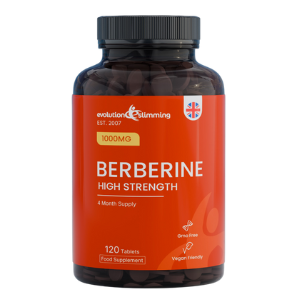 Bottle of Berberine high strength supplement with orange label on a white background