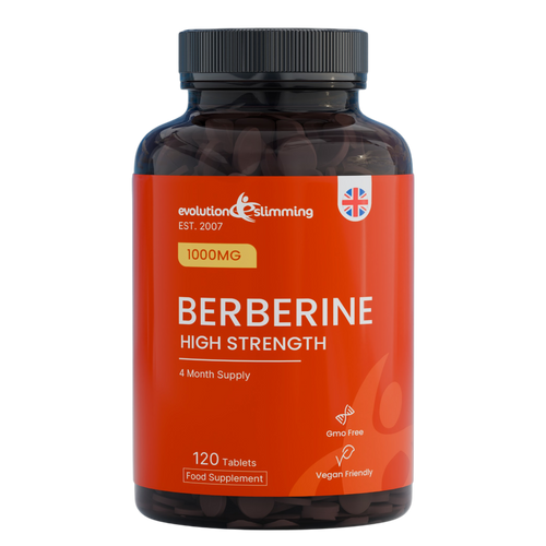 Bottle of Berberine high strength supplement with orange label on a white background