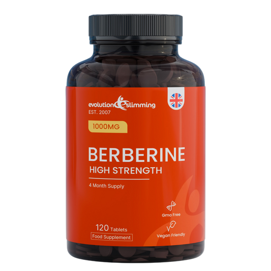 Bottle of Berberine high strength supplement with orange label on a white background