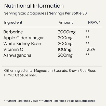 Berberine Plus nutrition table listing amounts per two-capsule serving