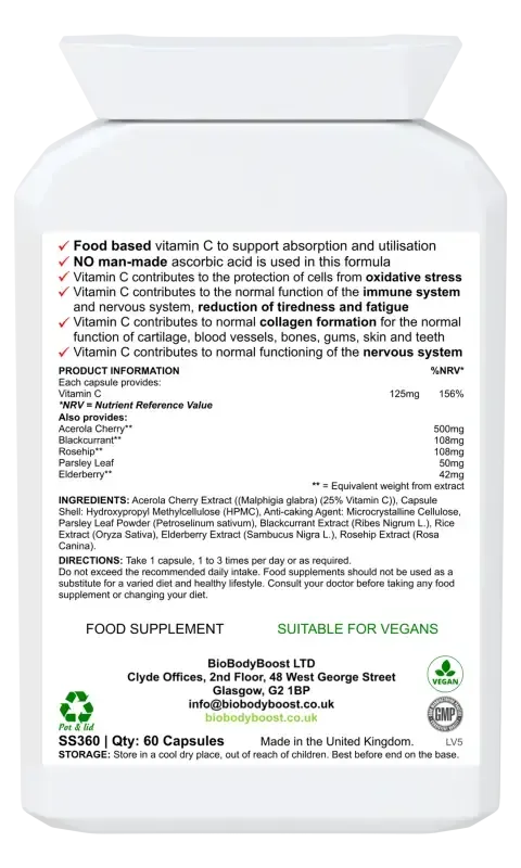 BioBodyBoost Bio-C Food-Form Vitamin C – 60 Capsules – ingredients and directions label