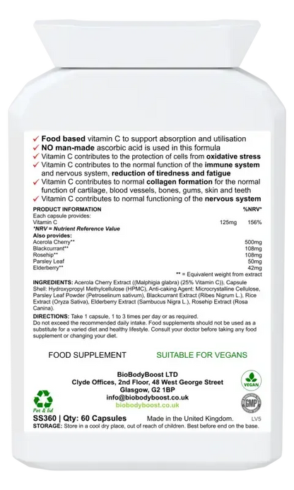 BioBodyBoost Bio-C Food-Form Vitamin C – 60 Capsules – ingredients and directions label