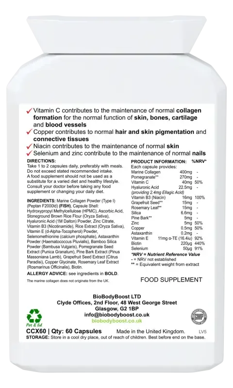 BioBodyBoost BioBeauty Marine Collagen Complex – 60 Capsules – ingredients and directions label