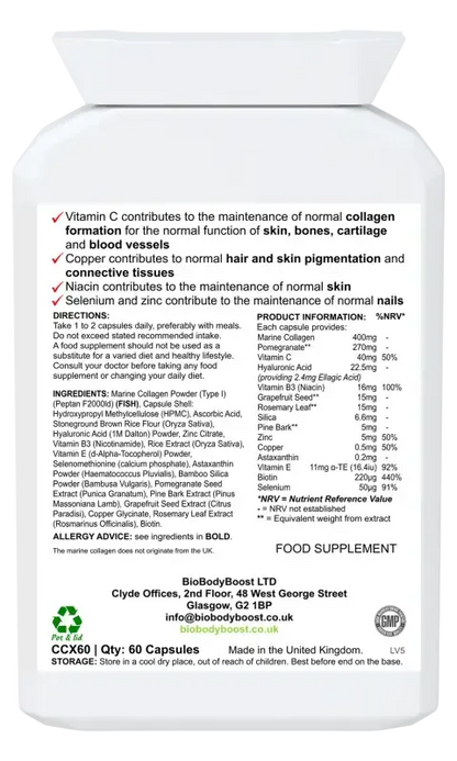 BioBodyBoost BioBeauty Marine Collagen Complex – 60 Capsules – ingredients and directions label