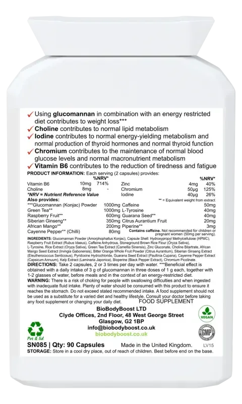 BioBodyBoost BioBurn Glucomannan Complex – 90 Capsules – ingredients and directions label