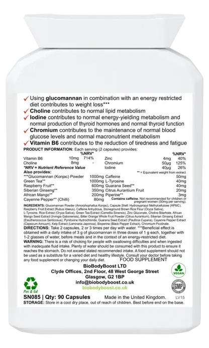 BioBodyBoost BioBurn Glucomannan Complex – 90 Capsules – ingredients and directions label