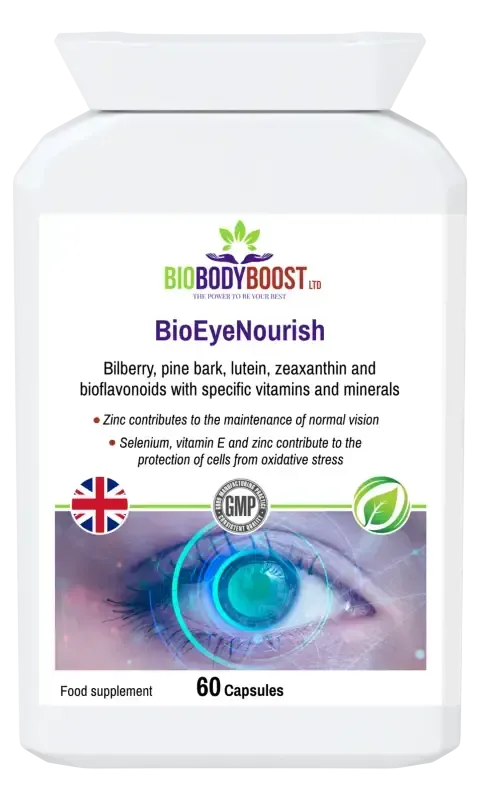 BioBodyBoost BioEyeNourish Bilberry & Lutein Complex – 60 Capsules – product packaging, view 1