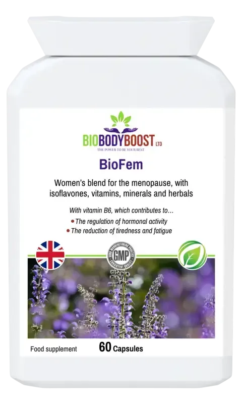BioBodyBoost BioFem Red Clover & Wild Yam Blend – 60 Capsules – product packaging, view 1