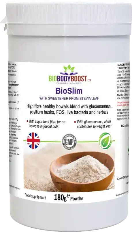 BioBodyBoost BioSlim Psyllium & Glucomannan Fibre – 180g – product packaging, view 1