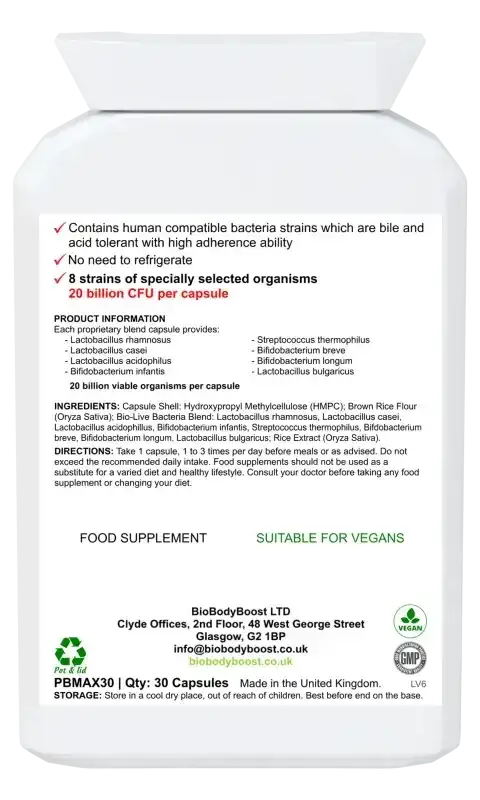 BioBodyBoost BioTic 20 Billion Live Cultures – 30 Capsules – ingredients and directions label