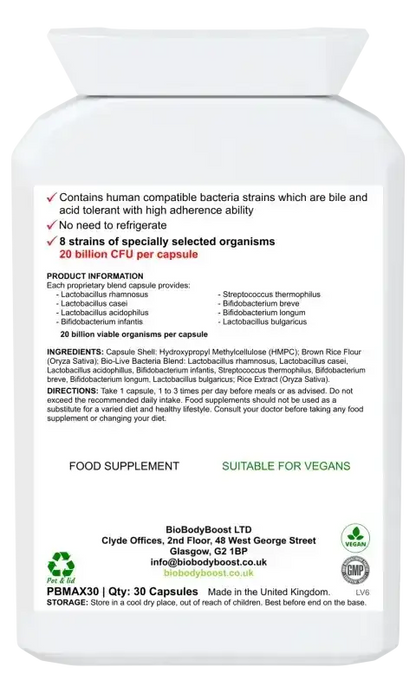 BioBodyBoost BioTic 20 Billion Live Cultures – 30 Capsules – ingredients and directions label