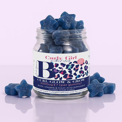 Curly Girl Method Club Grow + Glow Biotin+ hair vitamins jar with blue star-shaped gummies