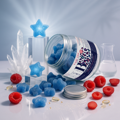 Grow + Glow Biotin+ raspberry gummies beside an open jar and raspberries