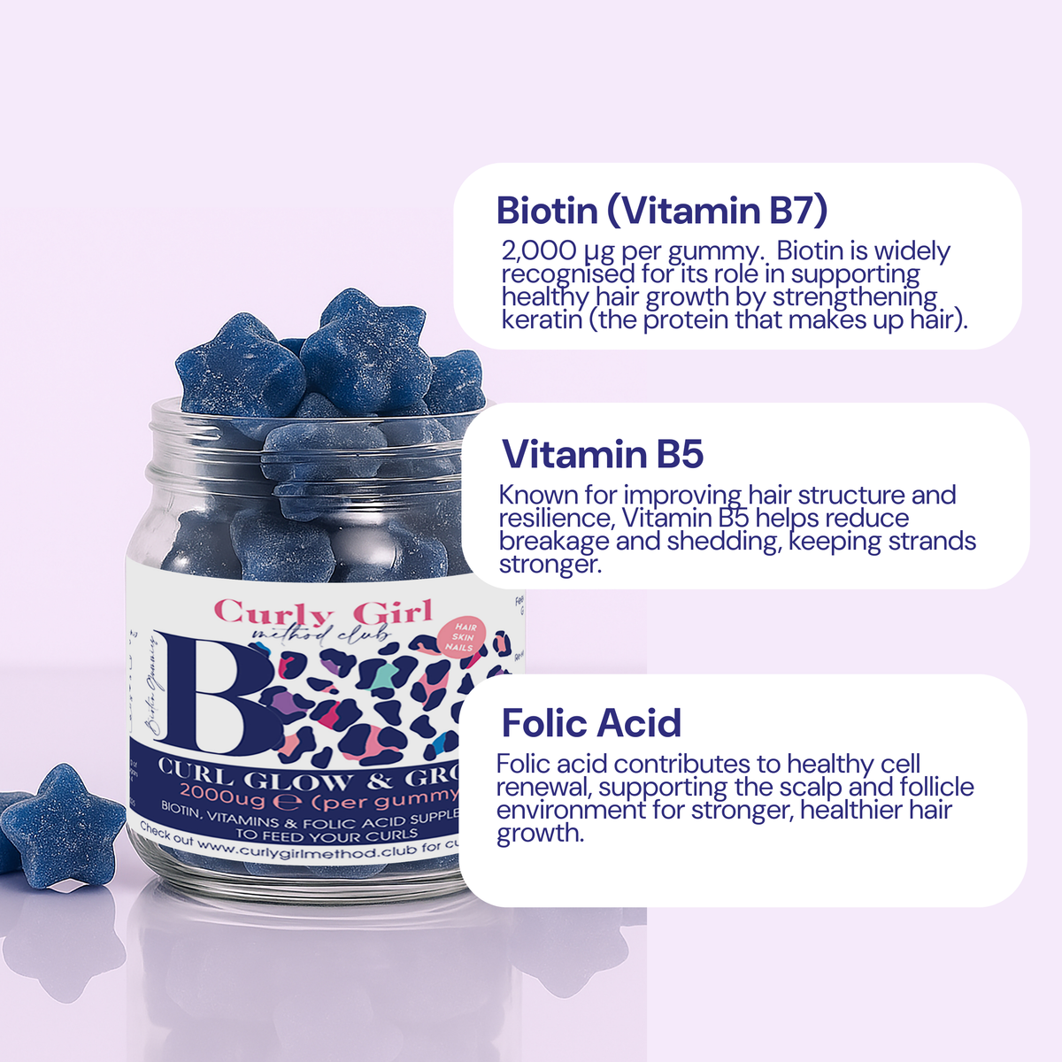 Grow + Glow hair gummies with supplier ingredient information for biotin, vitamin B5 and folic acid