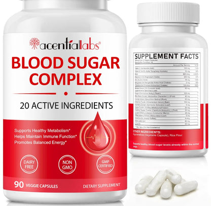 Blood Sugar Complex supplement bottle with 20 active ingredients for glucose metabolism and balanced energy support