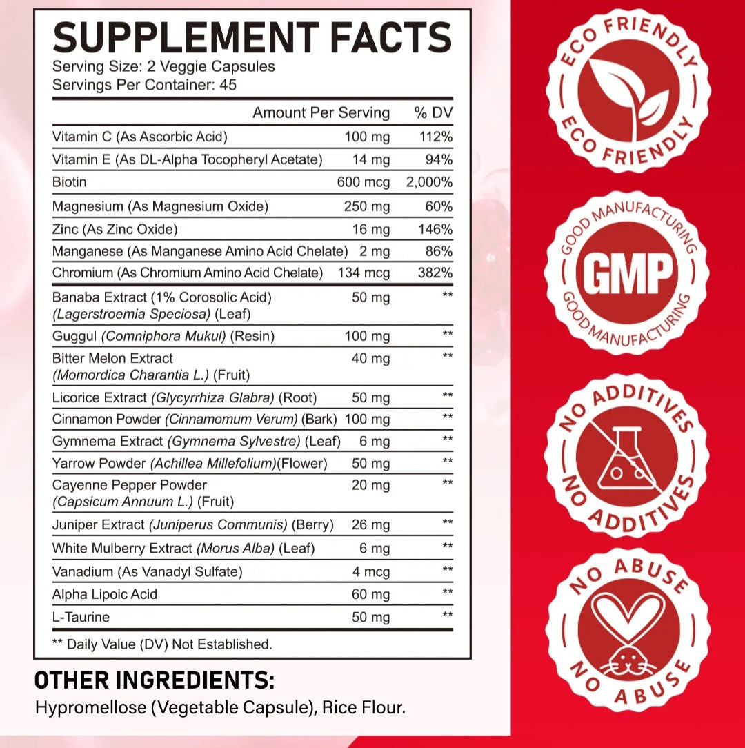 Supplement facts label for Blood Sugar Complex capsules showing vitamins, minerals and herbal ingredients