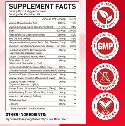 Supplement facts label for Blood Sugar Complex capsules showing vitamins, minerals and herbal ingredients
