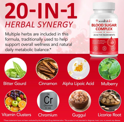 Blood sugar complex supplement bottle with herbal ingredients on a red background