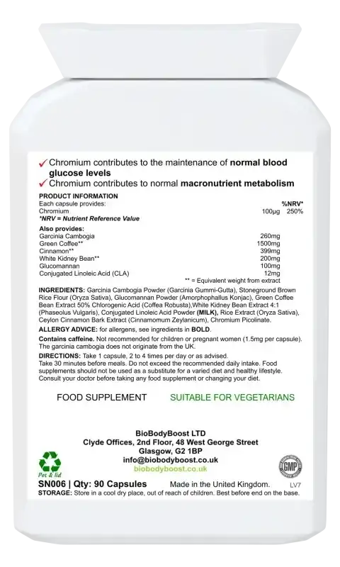 BioBodyBoost BodyLean Garcinia Cambogia Complex – 90 Capsules – ingredients and directions label