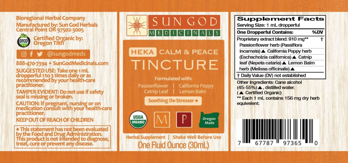 Sun God Medicinals Heka Calm & Peace Organic Herbal Tincture – 30ml