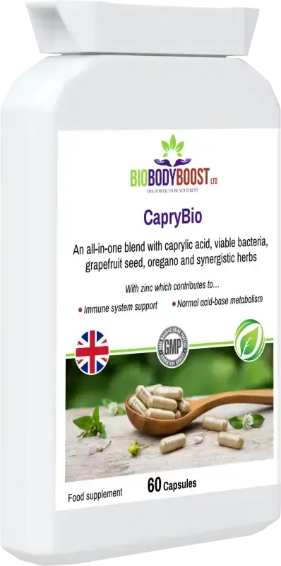 BioBodyBoost CapryBio Caprylic Acid & Botanical Complex – 60 Capsules – product packaging, view 4