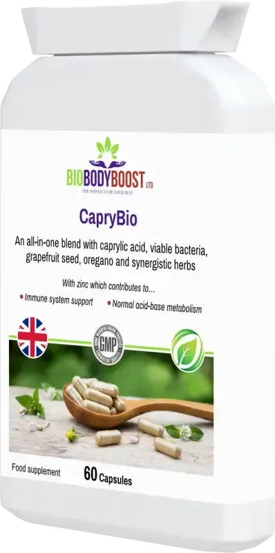 BioBodyBoost CapryBio Caprylic Acid & Botanical Complex – 60 Capsules – product packaging, view 3