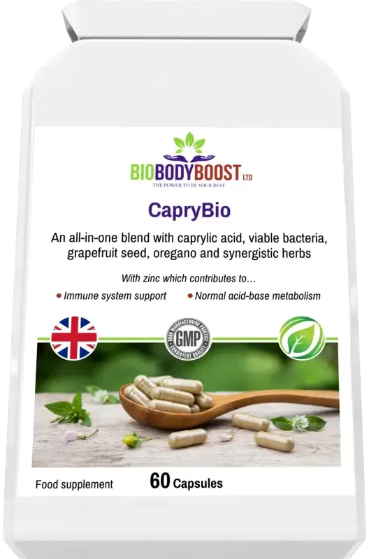 BioBodyBoost CapryBio Caprylic Acid & Botanical Complex – 60 Capsules – product packaging, view 5