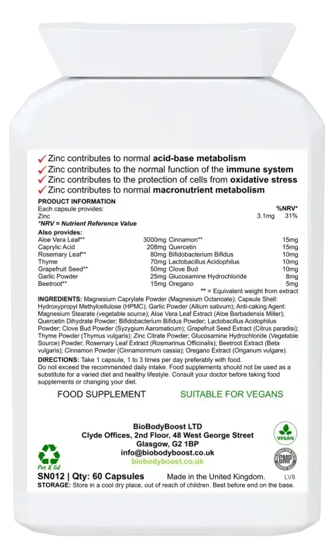 BioBodyBoost CapryBio Caprylic Acid & Botanical Complex – 60 Capsules – ingredients and directions label