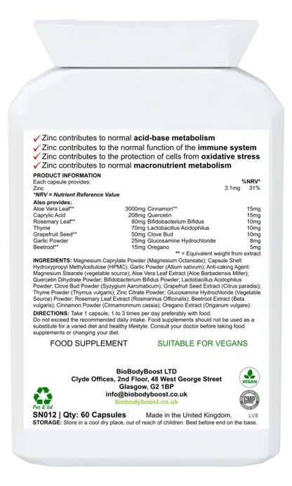 BioBodyBoost CapryBio Caprylic Acid & Botanical Complex – 60 Capsules – ingredients and directions label