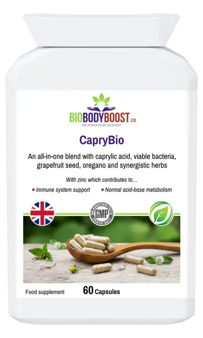 BioBodyBoost CapryBio Caprylic Acid & Botanical Complex – 60 Capsules – product packaging, view 1