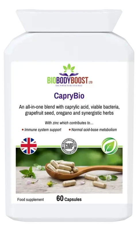 BioBodyBoost CapryBio Caprylic Acid & Botanical Complex – 60 Capsules – product packaging, view 1