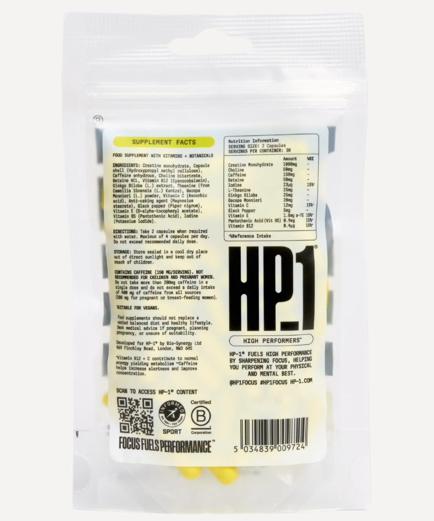 HP-1 Focus & Productivity – 60 Capsules – back of pouch with ingredients and nutritional information