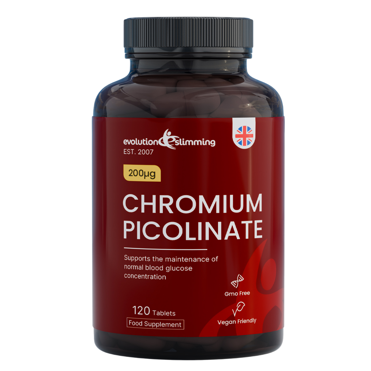 Evolution Slimming Chromium Picolinate 200µg bottle with 120 vegan tablets