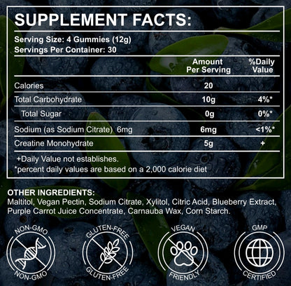 Creatine Monohydrate gummies supplement facts label with blueberry flavour and vegan formula