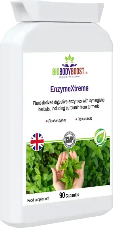 BioBodyBoost EnzymeXtreme – Plant Digestive Enzymes, 90 Capsules – angled packaging close-up