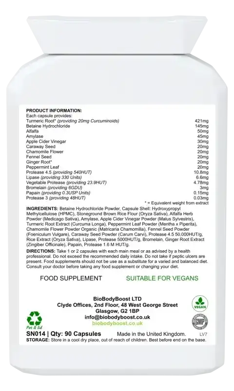 BioBodyBoost EnzymeXtreme – Plant Digestive Enzymes, 90 Capsules – back label with ingredients, activity units and directions