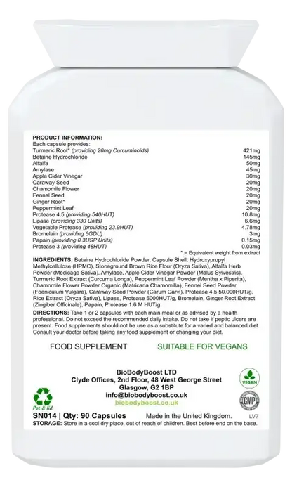 BioBodyBoost EnzymeXtreme – Plant Digestive Enzymes, 90 Capsules – back label with ingredients, activity units and directions